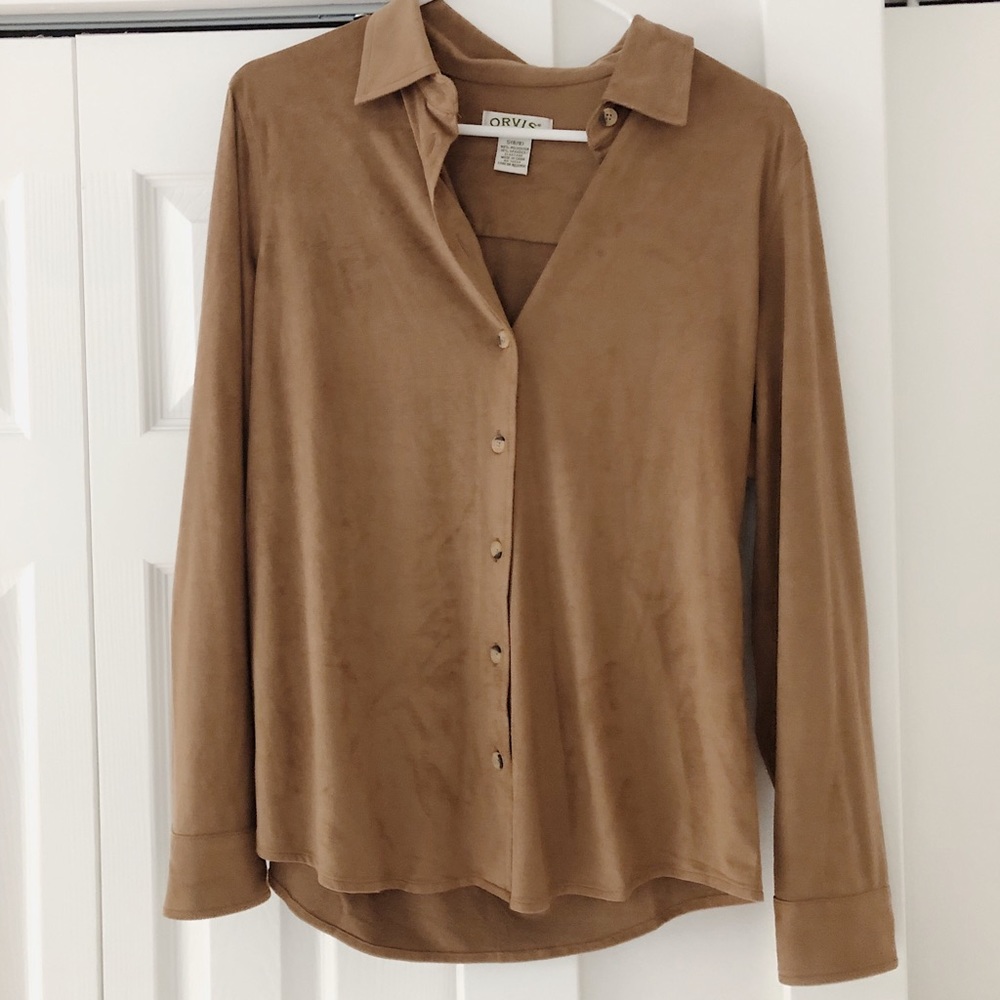 Camel brown velour blouse/button-down